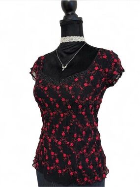 Black Lace Top with Red Floral Embroidery